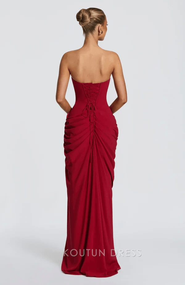 Elegant Sheath Strapless Ruched High-Slit Deep Red Floor-Length Prom Dress Gown