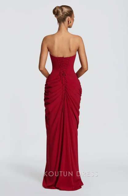 Elegant Sheath Strapless Ruched High-Slit Deep Red Floor-Length Prom Dress Gown