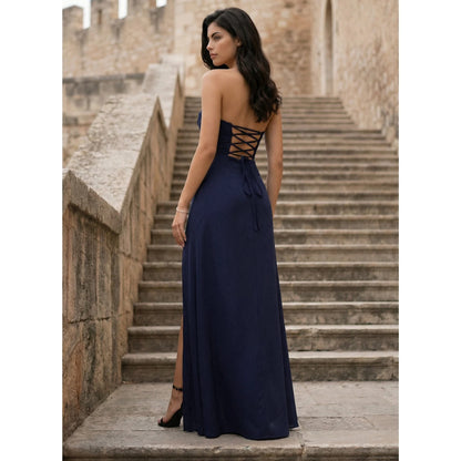 Elegant Sheath Strapless Ruched High Slit Navy Blue Floor-Length Prom Dresses Gown