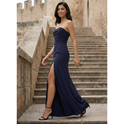 Elegant Sheath Strapless Ruched High Slit Navy Blue Floor-Length Prom Dresses Gown