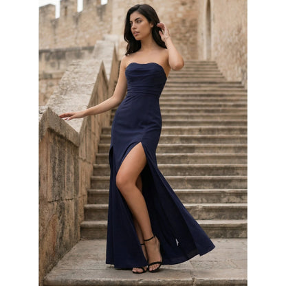 Elegant Sheath Strapless Ruched High Slit Navy Blue Floor-Length Prom Dresses Gown