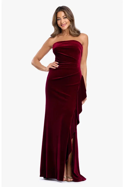 Elegant Sheath Strapless Ruched Ruffled Burgundy Floor-Length Mother of the Bride Gown