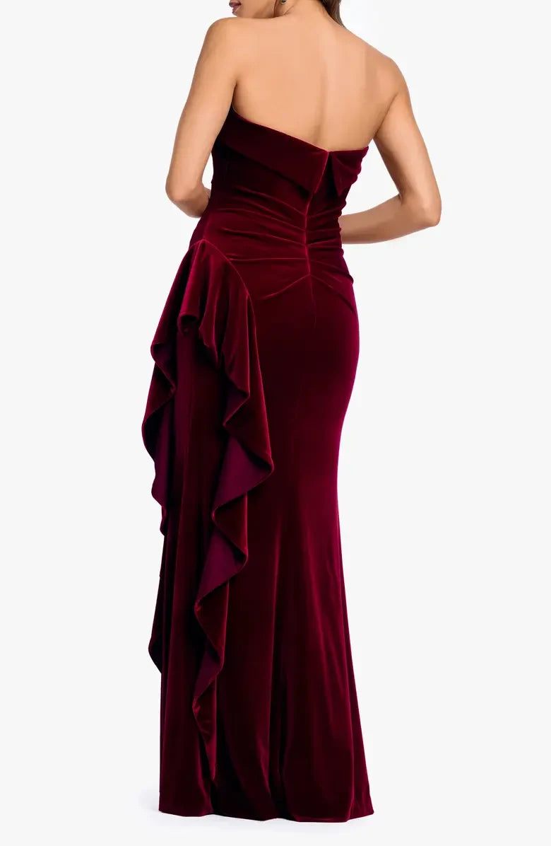 Elegant Sheath Strapless Ruched Ruffled Burgundy Floor-Length Mother of the Bride Gown