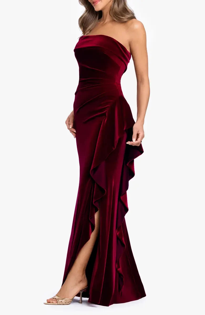 Elegant Sheath Strapless Ruched Ruffled Burgundy Floor-Length Mother of the Bride Gown