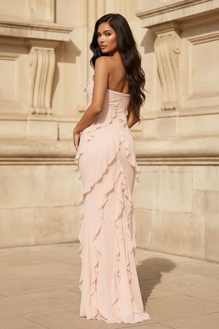 Elegant Sheath Strapless Ruffled Slitted Blush Pink Long Evening Gown