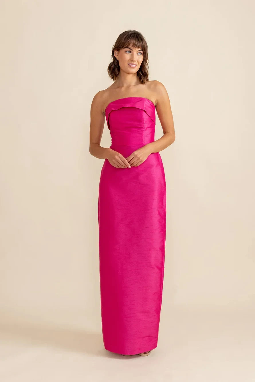 Elegant Sheath Strapless Sleeveless Chic Sophisticated Fuchsia Floor-Length Bridesmaid Dress Women's Gown