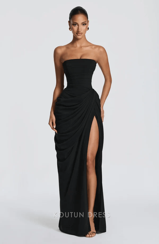 Elegant Sheath Strapless Sleeveless Draped High-Slit Black Floor-Length Prom Dress Women's Gown