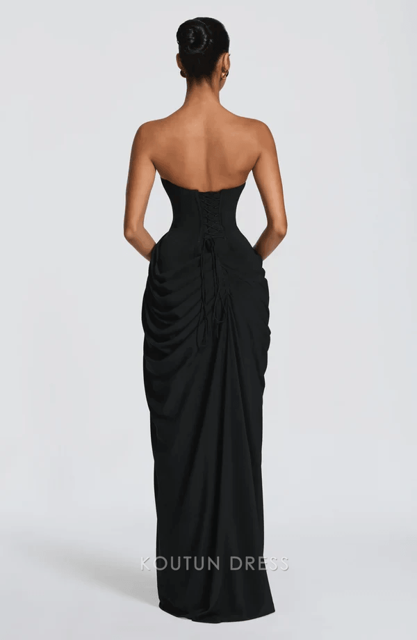 Elegant Sheath Strapless Sleeveless Draped High-Slit Black Floor-Length Prom Dress Women's Gown