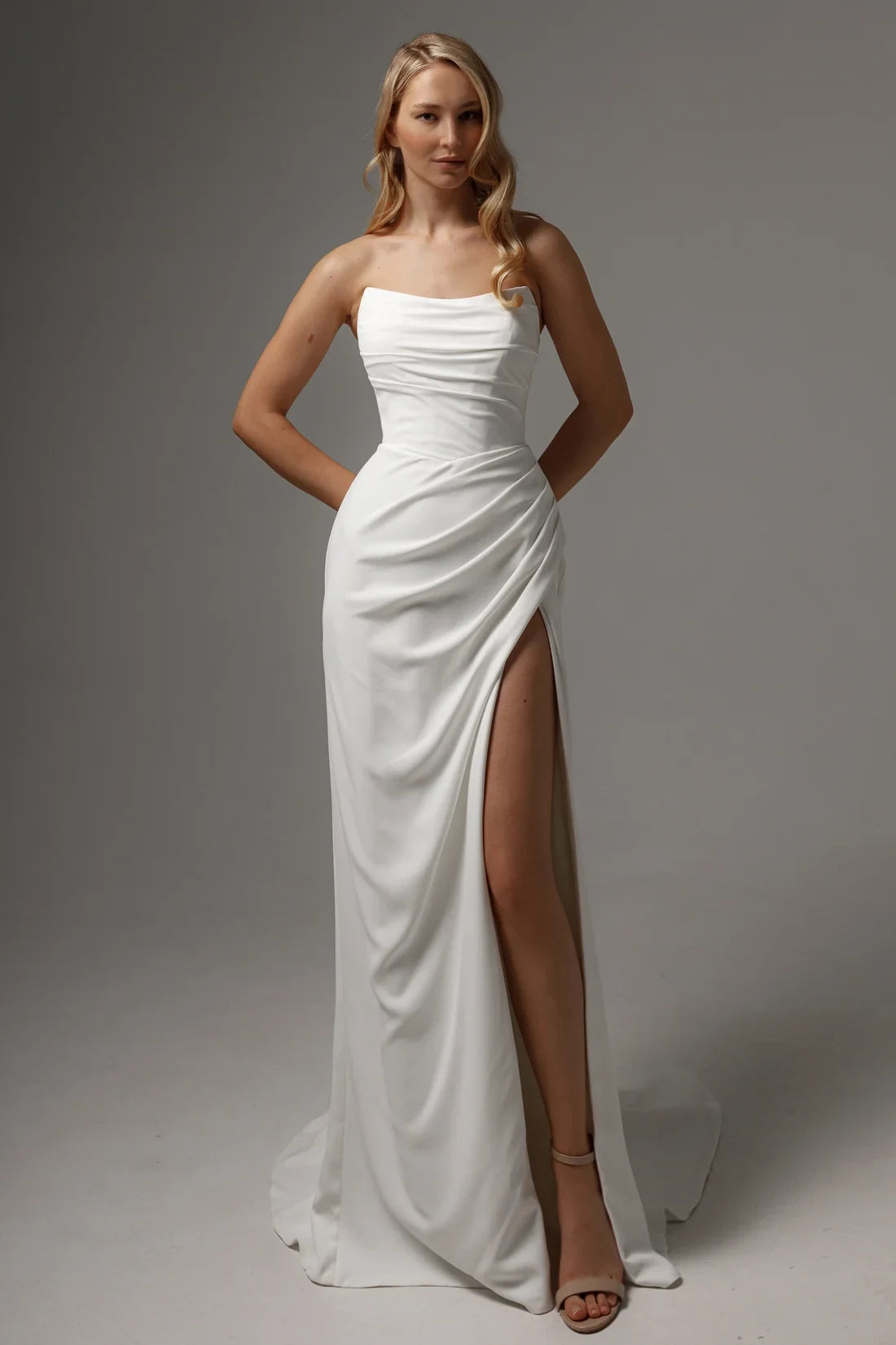 Elegant Sheath Strapless Sleeveless Draped Slit Ivory Floor-Length Wedding Dress for Brides