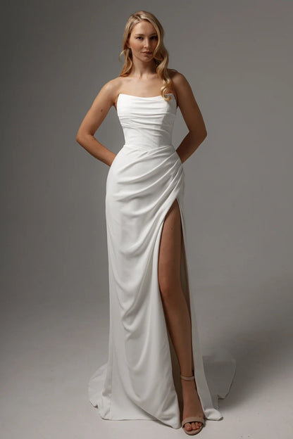 Elegant Sheath Strapless Sleeveless Draped Slit Ivory Floor-Length Wedding Dress for Brides