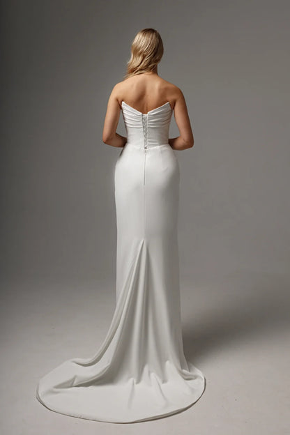 Elegant Sheath Strapless Sleeveless Draped Slit Ivory Floor-Length Wedding Dress for Brides
