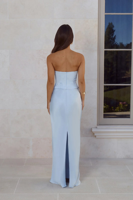Elegant Sheath Strapless Sleeveless Embroidered Chic Light Blue Floor-Length Prom Dress