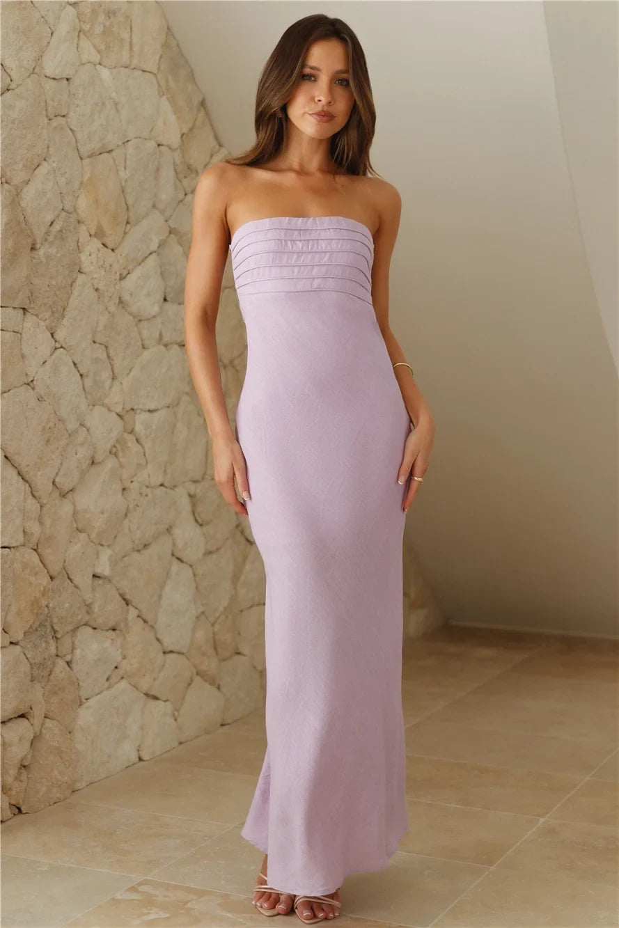 Elegant Sheath Strapless Sleeveless Pleated Backless Lilac Maxi Evening Dresses Women