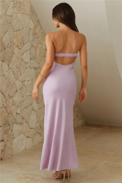 Elegant Sheath Strapless Sleeveless Pleated Backless Lilac Maxi Evening Dresses Women