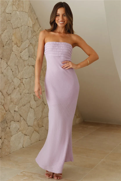 Elegant Sheath Strapless Sleeveless Pleated Backless Lilac Maxi Evening Dresses Women