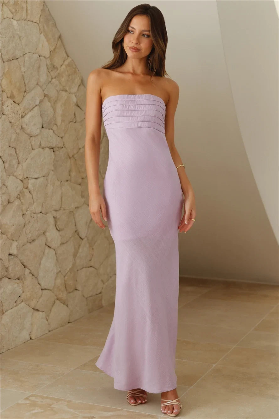 Elegant Sheath Strapless Sleeveless Pleated Backless Lilac Maxi Evening Dresses Women