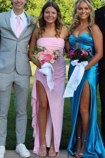 Elegant Sheath Strapless Sleeveless Ruched Ruffle Pink Long Prom Dresses Women Gown