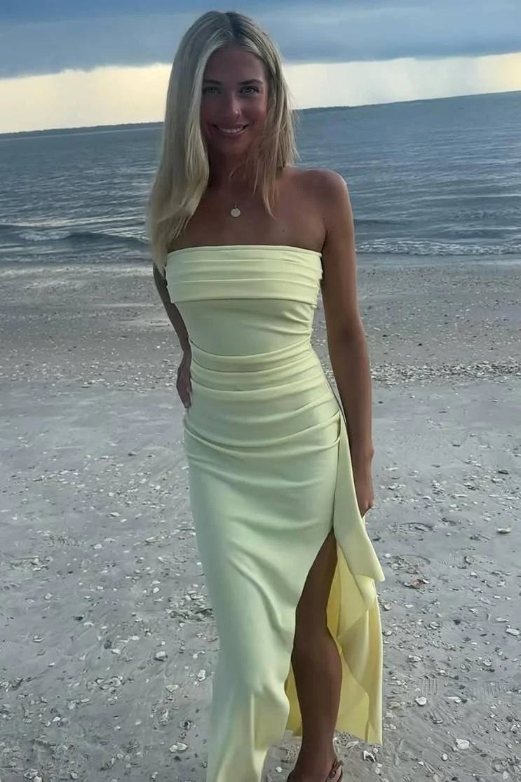 Elegant Sheath Strapless Sleeveless Ruched Slit Yellow Long Prom Dresses Women Gown