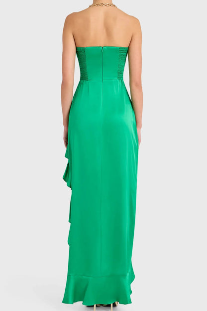 Elegant Sheath Strapless Sleeveless Ruffle Slit Green Maxi Prom Dresses