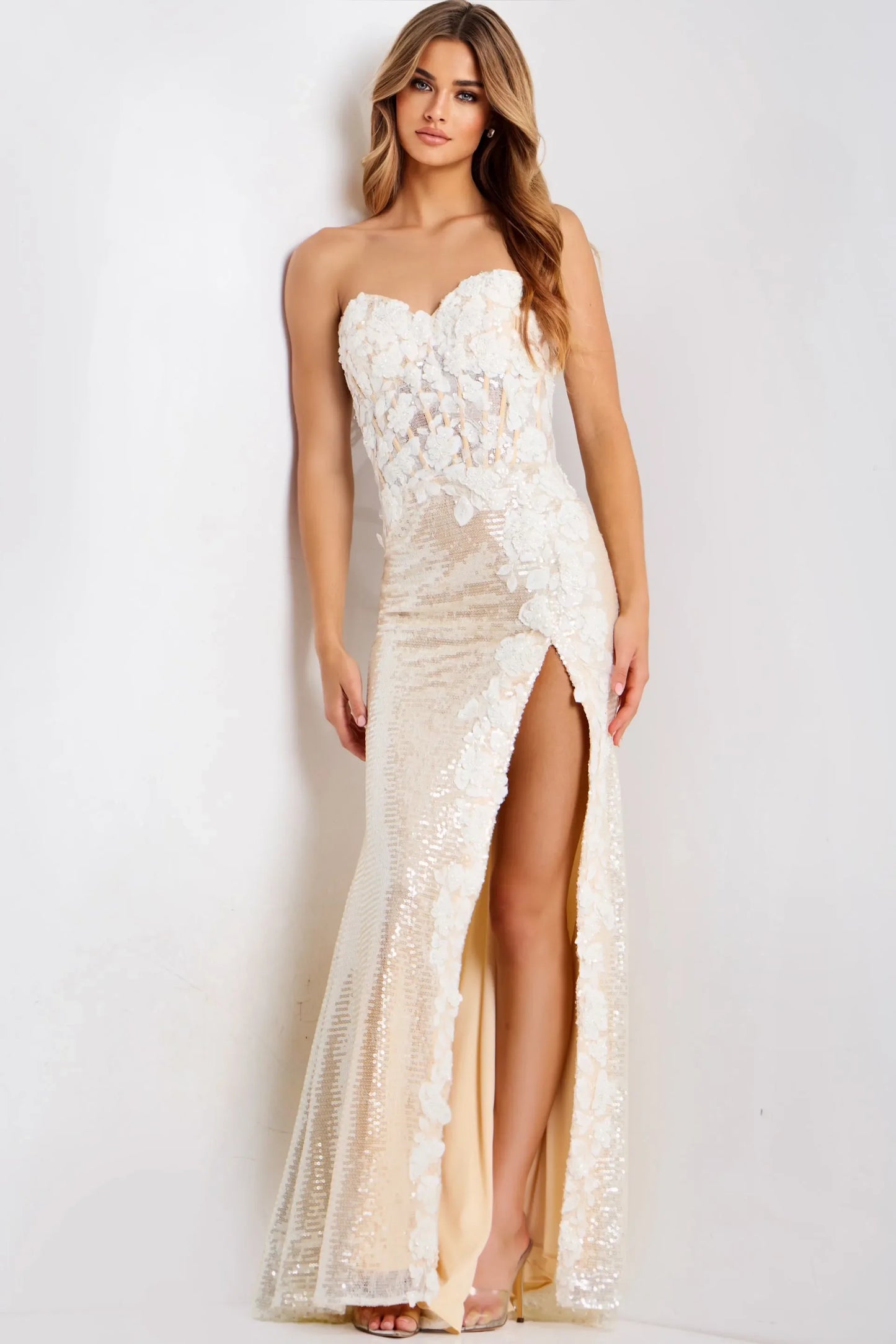 Elegant Sheath Strapless Sleeveless Sequin Floral Champagne Floor-Length Evening Dresses Women's Gown