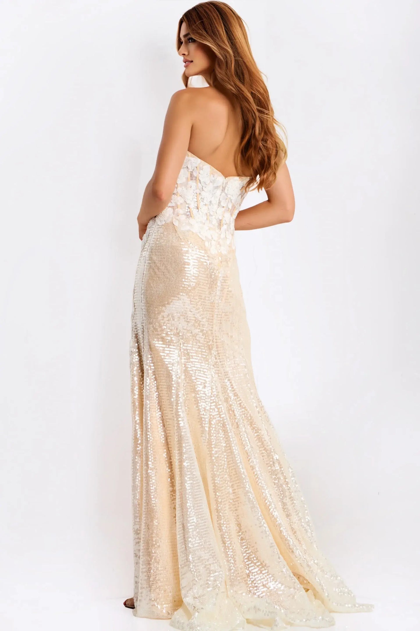 Elegant Sheath Strapless Sleeveless Sequin Floral Champagne Floor-Length Evening Dresses Women's Gown
