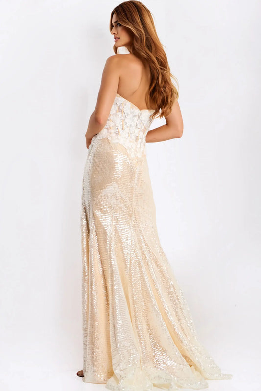 Elegant Sheath Strapless Sleeveless Sequin Floral Champagne Floor-Length Evening Dresses Women's Gown