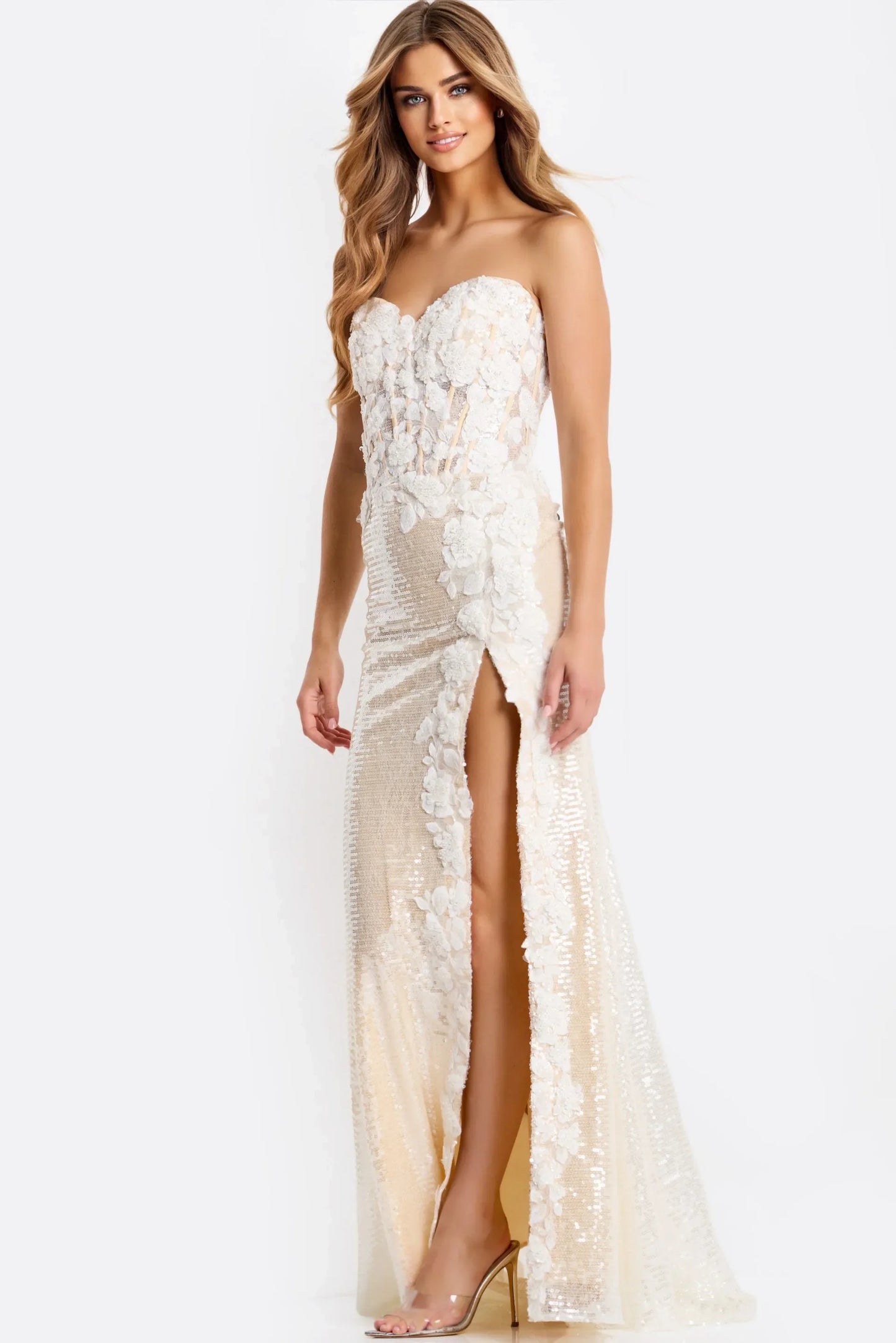 Elegant Sheath Strapless Sleeveless Sequin Floral Champagne Floor-Length Evening Dresses Women's Gown