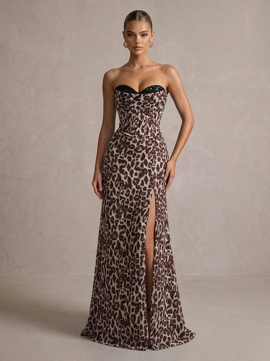 Elegant Sheath Strapless Sleeveless Slit Corset Brown Long Prom Dresses Women