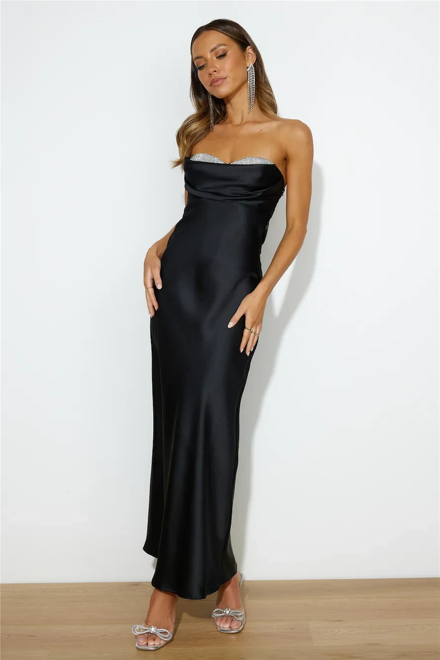 Elegant Sheath Strapless Sweetheart Sleeveless Sparkle Trim Black Floor-Length Prom Dresses