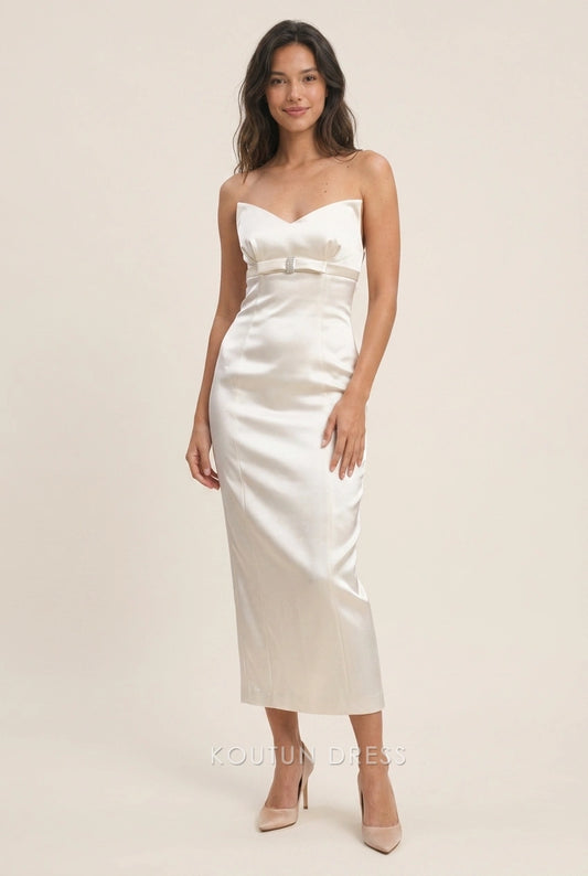 Elegant Sheath Sweetheart Bow-Accent Formal Ivory Midi Prom Dresses
