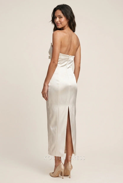 Elegant Sheath Sweetheart Bow-Accent Formal Ivory Midi Prom Dresses