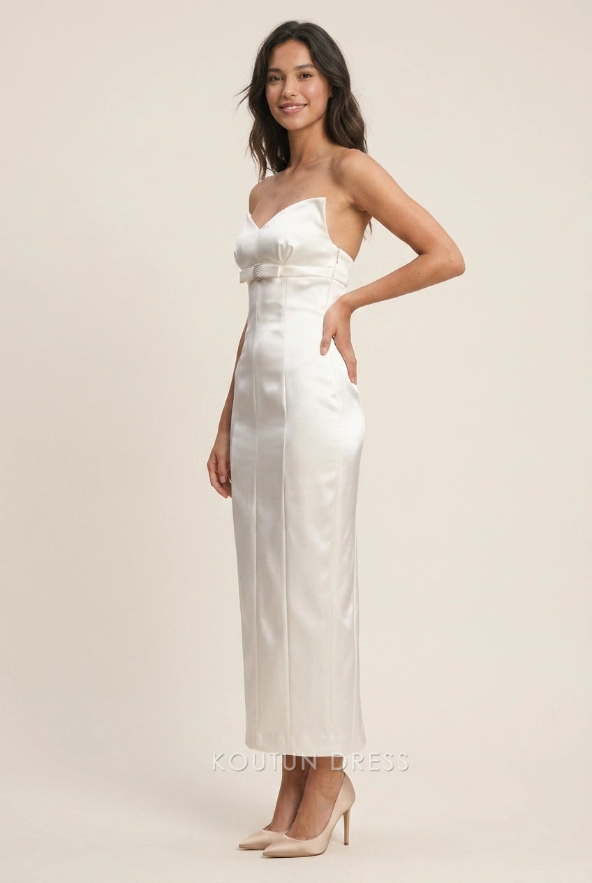 Elegant Sheath Sweetheart Bow-Accent Formal Ivory Midi Prom Dresses