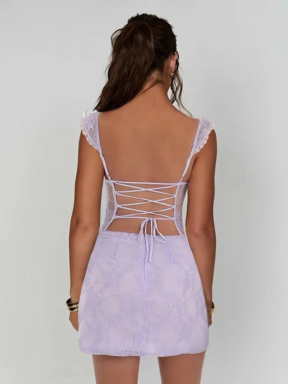 Elegant Sheath Sweetheart Cap-Sleeve Lace Slit Lilac Short Homecoming Dress Women's
