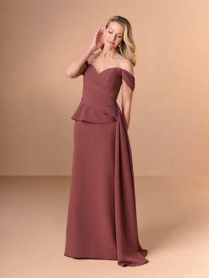 Elegant Sheath Sweetheart Off-Shoulder Peplum Draped Mauve Long Mother-of-the-Bride Dress