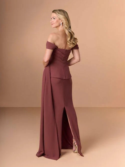Elegant Sheath Sweetheart Off-Shoulder Peplum Draped Mauve Long Mother-of-the-Bride Dress