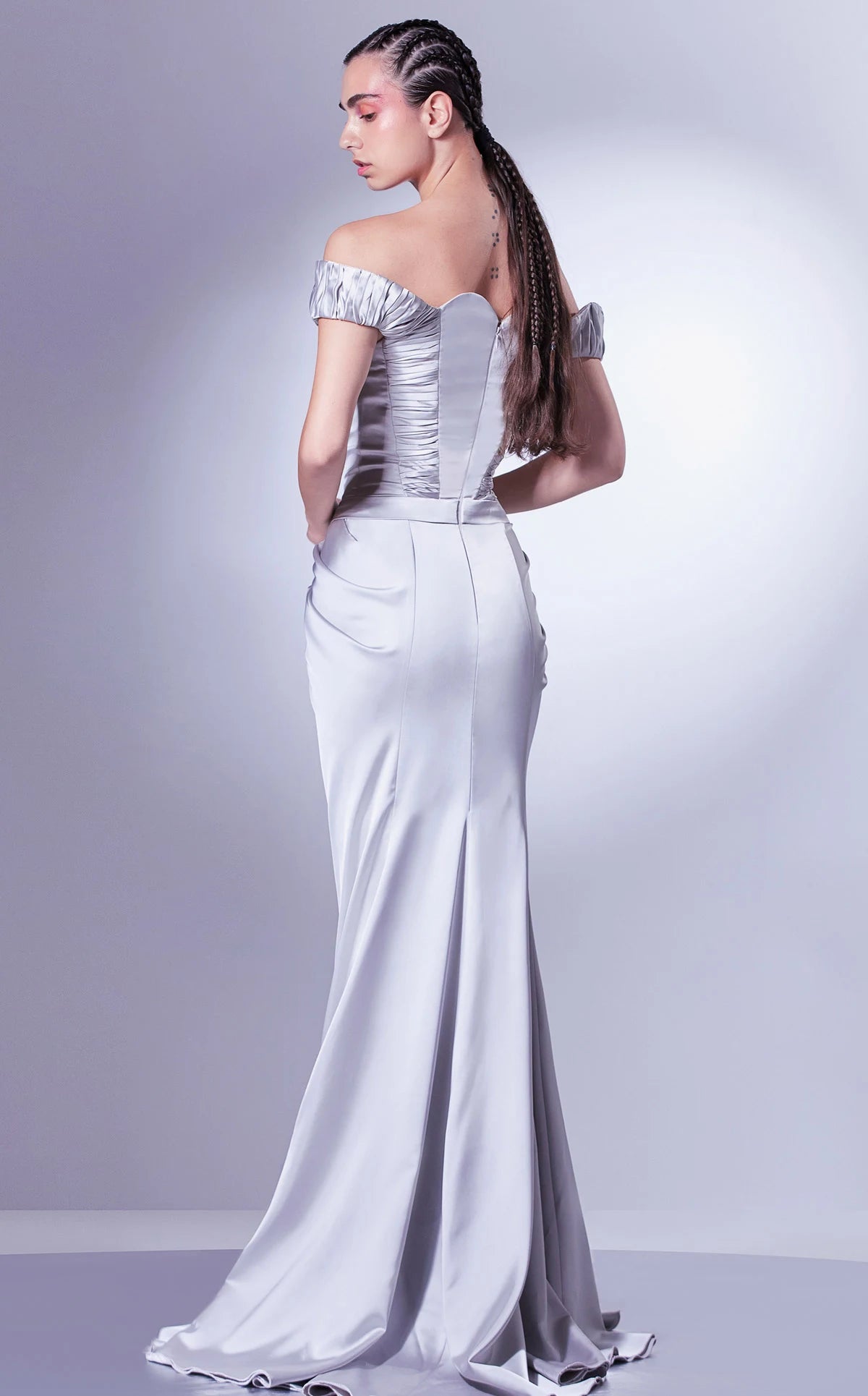 Elegant Sheath Sweetheart Off-Shoulder Ruched Slit Silver Floor-Length Evening Gown