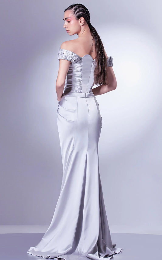 Elegant Sheath Sweetheart Off-Shoulder Ruched Slit Silver Floor-Length Evening Gown