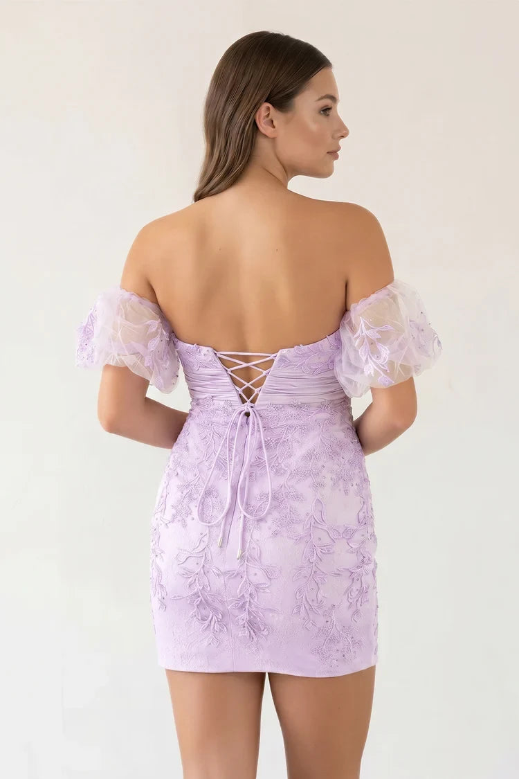 Elegant Sheath Sweetheart Puff Sleeves Lace Bow Lilac Short Homecoming Dress