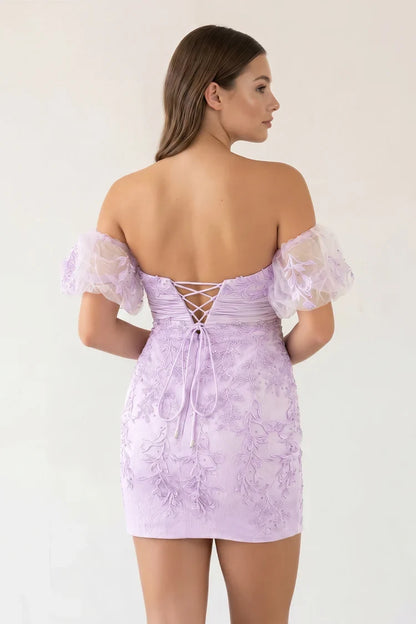 Elegant Sheath Sweetheart Puff Sleeves Lace Bow Lilac Short Homecoming Dress