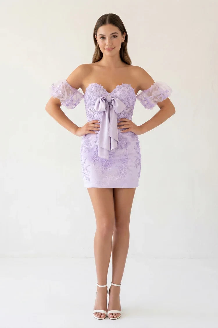 Elegant Sheath Sweetheart Puff Sleeves Lace Bow Lilac Short Homecoming Dress