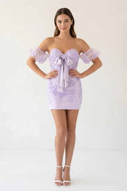Elegant Sheath Sweetheart Puff Sleeves Lace Bow Lilac Short Homecoming Dress