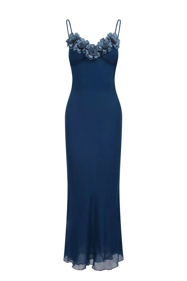 Elegant Sheath Sweetheart Sleeveless Floral Applique Navy Maxi Prom Dresses Women