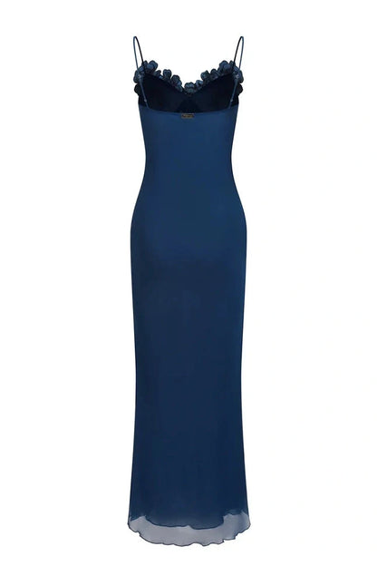 Elegant Sheath Sweetheart Sleeveless Floral Applique Navy Maxi Prom Dresses Women