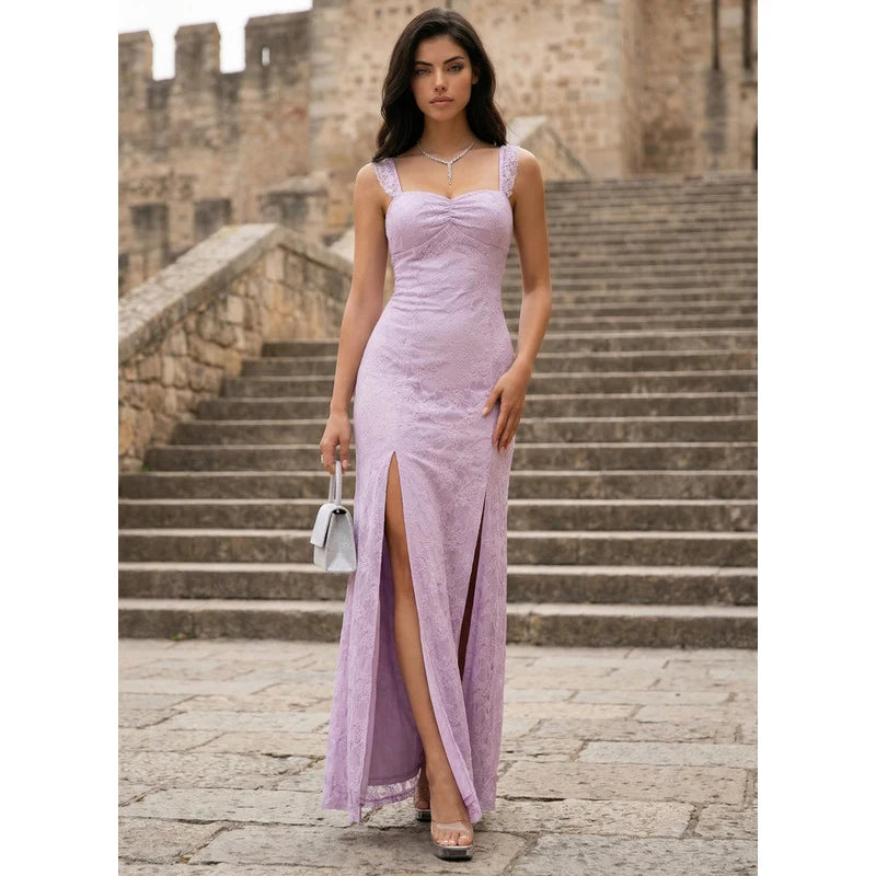 Elegant Sheath Sweetheart Sleeveless Lace High Slit Lilac Floor-Length Prom Dress