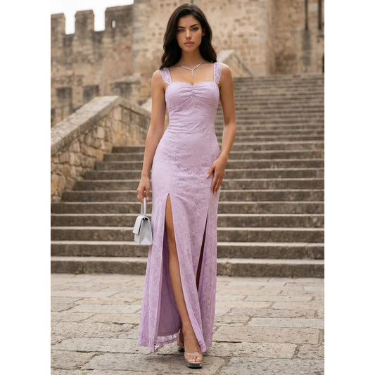 Elegant Sheath Sweetheart Sleeveless Lace High Slit Lilac Floor-Length Prom Dress