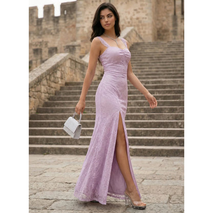 Elegant Sheath Sweetheart Sleeveless Lace High Slit Lilac Floor-Length Prom Dress