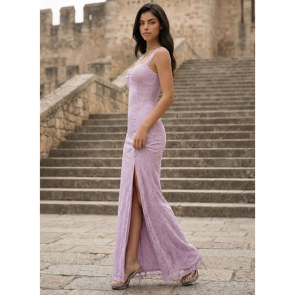 Elegant Sheath Sweetheart Sleeveless Lace High Slit Lilac Floor-Length Prom Dress