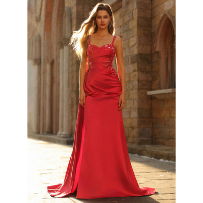Elegant Sheath Sweetheart Sleeveless Ruched Beaded Red Floor-Length Prom Dresses Women's Gown
