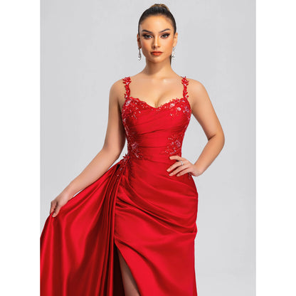Elegant Sheath Sweetheart Sleeveless Ruched Beaded Red Floor-Length Prom Dresses Women's Gown
