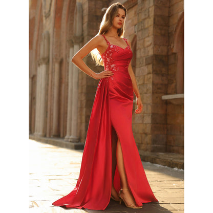 Elegant Sheath Sweetheart Sleeveless Ruched Beaded Red Floor-Length Prom Dresses Women's Gown